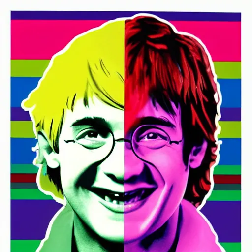 Image similar to rainbow excited smiling harry potter. pop art