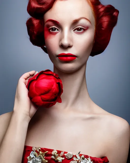 Image similar to Portrait of a European woman, close-up, high sharpness, zeiss lens, fashion photo shoot, peony flowers, red hair, red lipstick, in the background of gold, they have rhinestones on their face, Edward Buba, Annie Leibovitz, David Lazar, Jimmy Nelsson, Eiko Hosoe, artistic, hyper-realistic, beautiful face, octane rendering