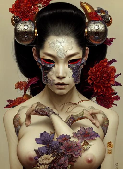 Prompt: organic cyborg, geisha, Yakuza, japanese, diffuse lighting, fantasy, intricate, elegant, highly detailed, lifelike, photorealistic, digital painting, artstation, illustration, concept art, smooth, sharp focus, art by John Collier and Albert Aublet and Krenz Cushart and Artem Demura and Alphonse Mucha