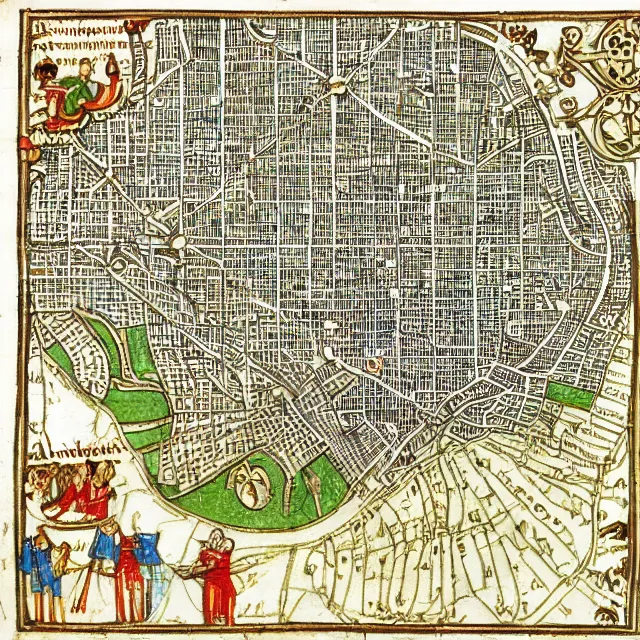 Image similar to medieval manuscript isometric map of london, detailed, illuminated illustration woodcut