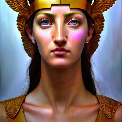 Prompt: hyperrealistic mixed media painting of beautiful goddess Athena, stunning 3d render inspired art by P. Craig Russell and Barry Windsor-Smith, perfect facial symmetry, dim volumetric lighting, 8k octane beautifully detailed render, post-processing, portrait, extremely hyper-detailed, intricate, epic composition, brown eyes, realistic eyes, correct!!! eyes, cinematic lighting, masterpiece, trending on artstation, detailed detailed detailed, masterpiece, stunning