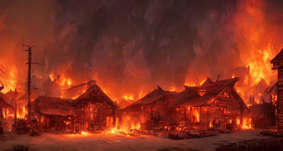 Image similar to book illustration of small burning wooden village. Fire flames everywhere. Atmospheric beautiful by Eddie mendoza and Craig Mullins. volumetric lights