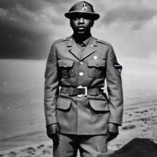 Image similar to 1 9 4 0 s vintage monochrome photograph of kendrick lamar wearing a us army uniform on omaha beach, 8 k, very detailed, very intricate,