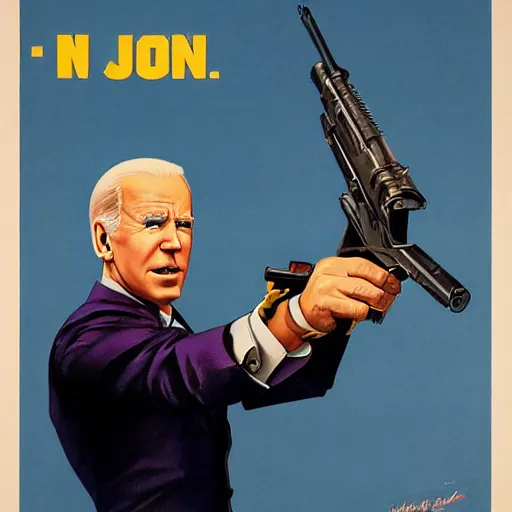 Image similar to propaganda poster of joe biden pointing gun directly at camera in james bond movie, closeup of gun, visible barrel and grip by j. c. leyendecker, bosch, lisa frank, jon mcnaughton, and beksinski