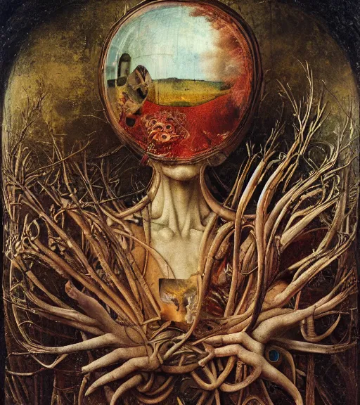 Image similar to an oil painting by botticelli, by arcimboldo, by yoshitaka amano, by beksinski, by giger, by hieronymus bosch seen through a kaleidoscope, detailed, high resolution, scratches