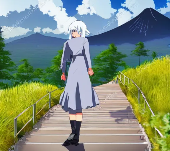 Image similar to beautiful silver hair young woman walking up Mount Fuji in the style of studio ghibli and manga