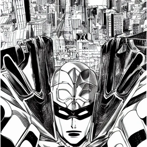 Image similar to Manga illustration of masked super hero, full body and head portrait by Tetsuo Hara. Depth of field, zoom out 35mm camera, awesome cityscape in the background, highly detailed concept art, detailed pencil art by Kengo Hanazawa