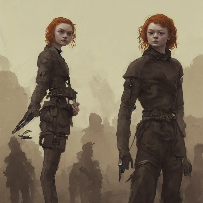 Prompt: sadie sink dressed as an revolutionary leader with a buzz cut : costume design concept art for a scifi cyberpunk film. by greg rutkowski, john j. park, jason chan, noah bradley, feng zhu, gintas galvanauskas, gustave courbet, rosa bonheur, edward hopper. sharp focus, cinematic atmosphere, detailed and intricate, perfect anatomy