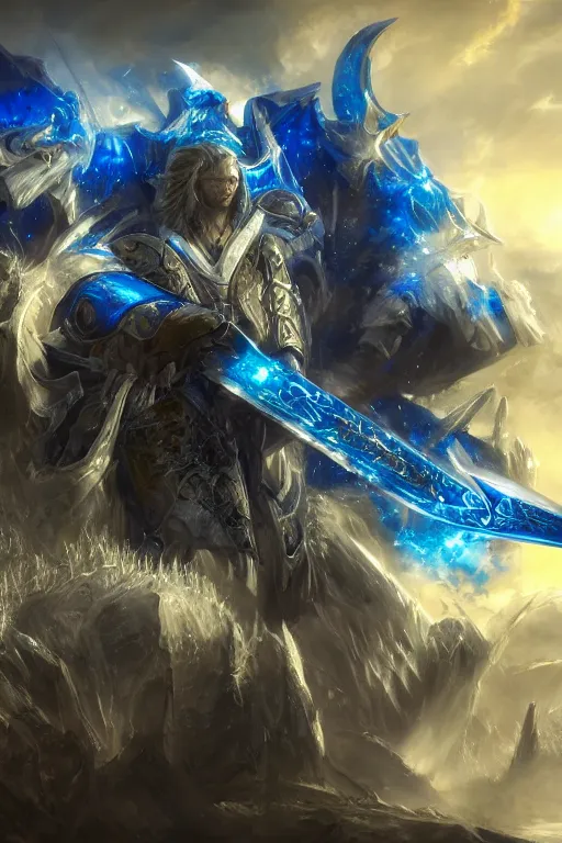 Prompt: a epic and fantasy concept art of ultramarine, lightning sword, w 4 0 k, by tsuyoshi nagano, akihiko yoshida, aion, hyperdetailed, 8 k realistic, symmetrical, wallpaper, long shot, frostbite 3 engine, cryengine, dof, trending on artstation, concept art, smooth, digital art