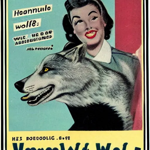 Prompt: 1950s advertisement featuring an anthropomorphic wolf