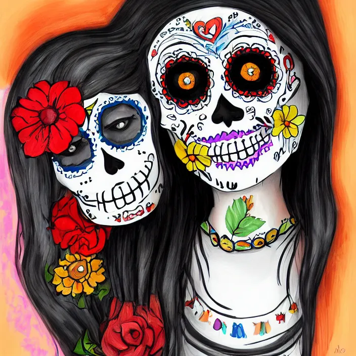 Image similar to a smiling girl with long black, her paint painted as dia de los muertos, by alozuniga. digital draw, digital art, trending on instagram, digital painting.