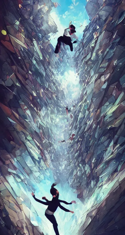 Image similar to A beautiful artwork illustration, a parkour across dimensions, featured on artstation, wide angle, vertical orientation