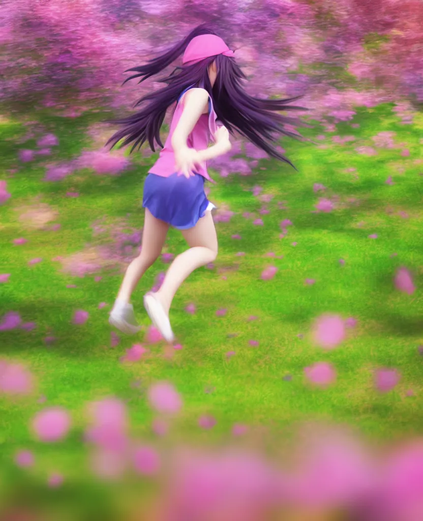 Prompt: photorealistic anime girl running through a flowerfield in slow motion, motion blur, 4 k, very detailed