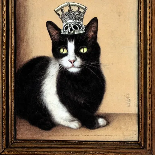 Image similar to renaissance portrait of a black and white cat wearing a crown, in the style of eugene de blaas