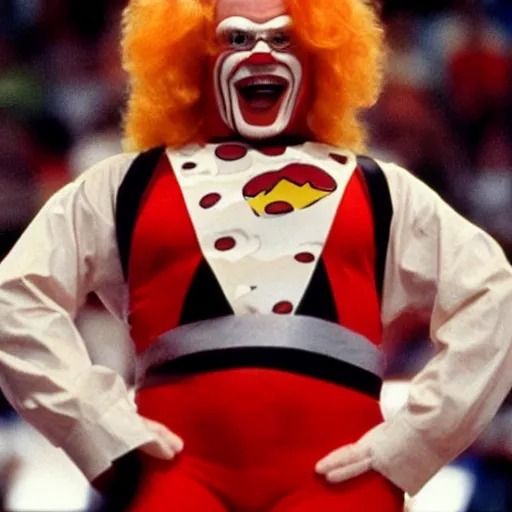 Image similar to A still of Ronald McDonald in WWE, 1990