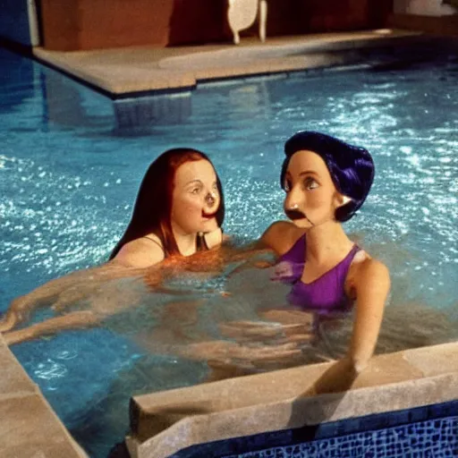 Prompt: a woman and her friend, an anthropomorphic nostril in a swimming pool, live-action children's television show, 1974, technicolor