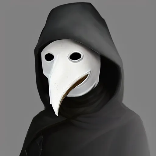 Prompt: female plague doctor donning a black hood, armor and a white crow mask, trending on artstation