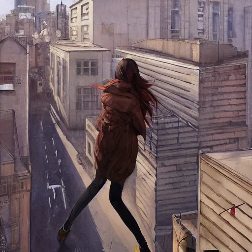 Image similar to woman, city, looking down, street top view, by wlop, artgerm, greg rutkowski