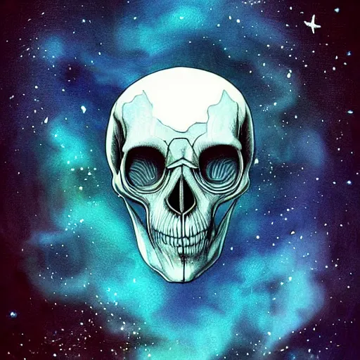 Image similar to alien skull on blue cloud nebula background, acrilic paint, digital, artstation, detailed intricate ink illustration, heavenly atmosphere, digital art, overdetailed art, concept art, complementing colors, trending on artstation, cgstudio, the most beautiful image ever created, dramatic, subtle, details, award winning artwork, beautiful scenery