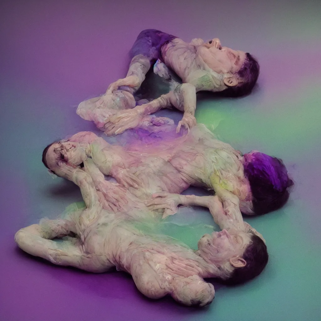 Prompt: cinestill of iridiscent oil with corpses connected by mess of ethernet cables and tubes to wax technical forms to a buried baby relaxing on yoga mat, faded, iridiscent gradient, purple fog, depth of field, blur, very detailed, by nadav kander and hans bellmer, 8 k, ultrarealistic, sad atmosphere, cinematic, 8 5 mm lens