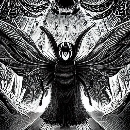 Image similar to A centered chest up portrait of a psychedelic godlike mothman with giant mandala wings smoking a hand-rolled cigarette smoking heavily , magic mushroom village in background , award winning. superb resolution. in the art style of junji Ito and greg rutkowski . Detailed Mushroom city in background. Hyper realistic anime. Perfect art. Dalle2