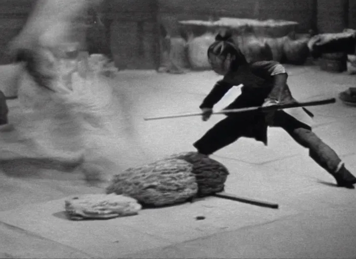 Image similar to a movie still of a samurai slicing through a loaf of bread, a movie by Akira Kurosawa