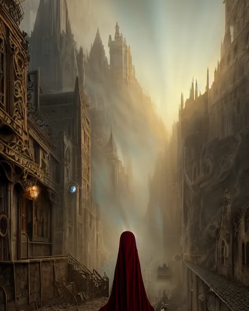 Image similar to cloaked woman, portrait, dirty alley, fantasy city, made of white stone and bright gold, built on the side of a volcano, gondor, misty, red gold color palette, medieval city, metropolis, gorgeous clouds, god rays, fantasy art, octane render, ureal engine, high detail, alphonse mucha, greg rutkowski, james gurney, johannes voss