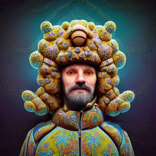 Prompt: Colour mandelbulb 3d fractal style full body portrait Photography of Highly detailed Man wearing detailed Ukrainian folk costume designed by Taras Shevchenko with 1000 years perfect face wearing highly detailed retrofuturistic VR headset designed by Josan Gonzalez. Many details In style of Josan Gonzalez and Mike Winkelmann and andgreg rutkowski and alphonse muchaand and Caspar David Friedrich and Stephen Hickman and James Gurney and Hiromasa Ogura. Rendered in Blender and Octane Render volumetric natural light