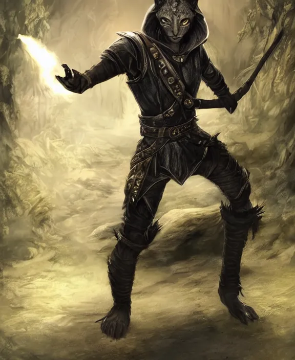 Image similar to humanoid male khajiit rogue with a scar on left eye, wearing leather armor with a hood, mainecoon cat features with jet black fur, far - mid shot, magic the gathering, fantasy