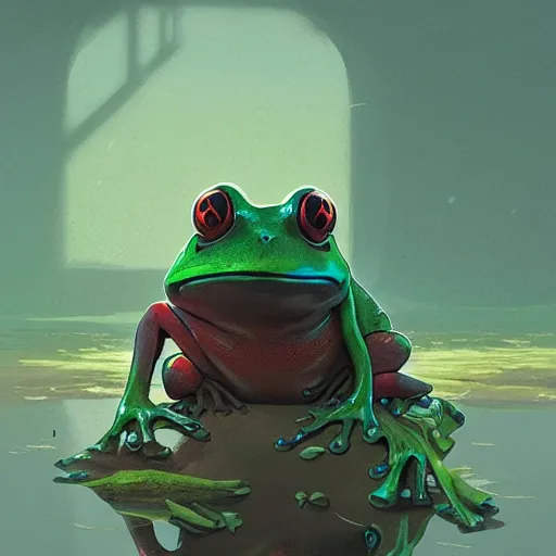 Prompt: Frog Frog Frog Frog crapaud kaeru Demon Knight Hero resting in marshlands Ishbel Myerscough greg rutkowski sam spratt Peter Kuhfeld simon stalenhag enki bilal beeple james gilleard Illustrated Colored Pencil