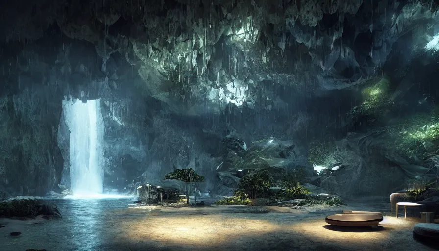 Prompt: a futuristic apartment interior inside a waterfall cave, plants, tiger skin carpet high ceiling, dark moody lighting, foggy atmosphere, 16mm lens, by craig mullins, octane rendering