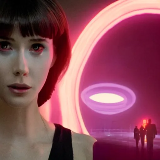 Image similar to joi from blade runner 2 0 4 9 as a giant pink hologram, neo - noire