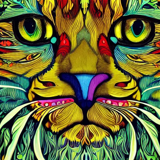 Image similar to colourful green man as a cat face by louis wain and william morris, extreme closeup, 8 k, artstation