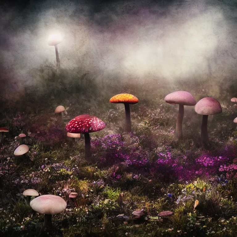 Prompt: a planet of various fungus like trees, mushrooms, flowers and plants, artistic photography, muted colors, conceptual, long exposure outside the city, volumetric light
