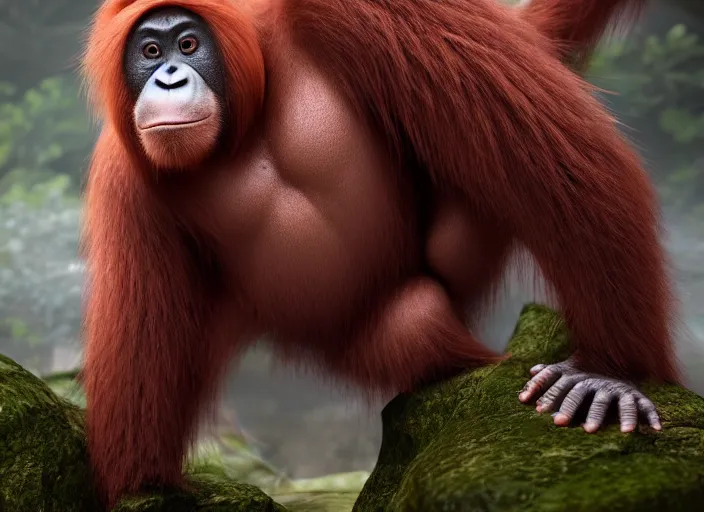 Image similar to peaceful looking m orangutan. japanese monk character, scary, gruffness, interesting 3 d character concept by square enix, in the style of league of legends, hyper detailed, cinematic, final fantasy, character concept, ray tracing, fur details, maya, c 4 d, artstation