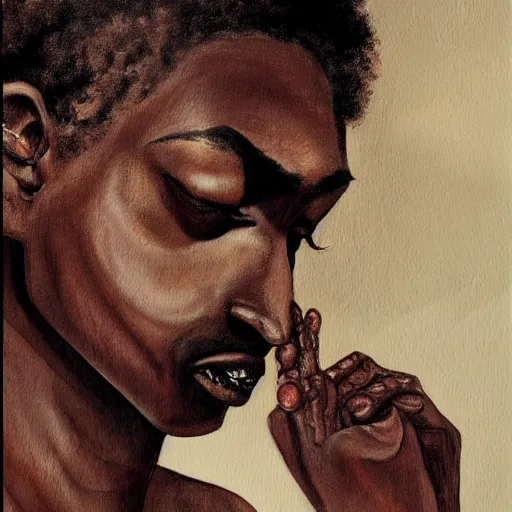 Image similar to a painting of a elegant, well fed, smooth-chinned, long nose, African old man with few eyebrows by Wangechi Mutu . thinker without facial hair, thoughtful, focused, visionary, calm, jovial, loving, fatherly, generous, . dramatic angle, ethereal lights, details, smooth, sharp focus, illustration, realistic, cinematic, artstation, award winning, rgb , unreal engine, octane render, cinematic light, macro, depth of field, blur, red light and clouds from the back, highly detailed epic cinematic concept art CG render made in Maya, Blender and Photoshop, octane render, excellent composition, dynamic dramatic cinematic lighting, aesthetic, very inspirational, arthouse.