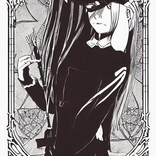 Prompt: precisely drawn illustration of anime wednesday addams, old-fashioned tarot card, victorian playing card, sepia tone, wide angle, sharp, fine details, anime, manga, cyberpunk, realistic shaded lighting by katsuhiro otomo ghost-in-the-shell, magali villeneuve, artgerm, rutkowski Jeremy Lipkin and Giuseppe Dangelico Pino and Michael Garmash and Rob Rey