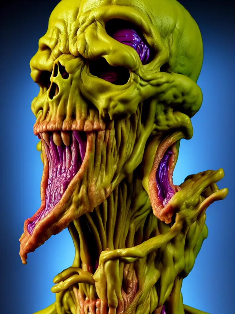 Image similar to hyperrealistic rendering, cronenberg flesh monster skeletor by art of skinner and richard corben and jeff easley, product photography, action figure, sofubi, studio lighting, colored gels