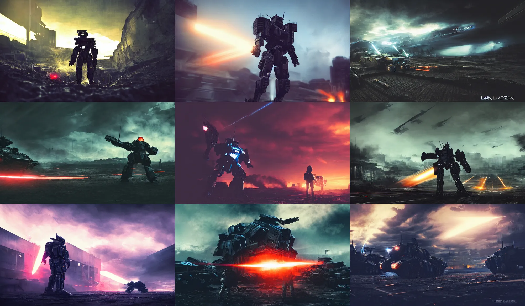 Image similar to an armored core v by liam wong, booster flares, legs, laser rifles, karst landscape, outdoor, dark blue sky, cloud, wilderness ground, golden time, twilight ; wide shot, digital painting, photoreal, cinematic contrast, dynamic backlighting, sharp edge, motion blur