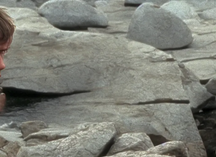 Image similar to screenshot of Luke Skywalker using the force to make rocks float around him, sitting outside on the rocky jedi temple, famous scene from the last jedi, 1980s film directed by Stanley Kubrick cinematic lighting, kodak, moody cinematography, with anamorphic lenses, crisp, detailed portrait, 4k image