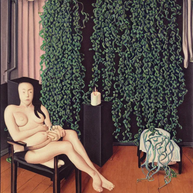 Image similar to a female pathology student in her apartment, wrapped in vines, medical equipment, candles, octopus, first aid kit, pig, black walls, ikebana, black armchair, sculpture, acrylic on canvas, surrealist, by magritte and monet