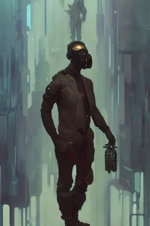 Image similar to a full body fantasy portrait oil painting illustration of an man by Justin Sweet and Greg Rutkowski and Alphonse Mucha with face and body clearly visible, visible pupils, techwear, futuristic, cyberpunk, artstation trending, high quality, sombre mood, artstation trending, muted colours, no crop, entire character!,