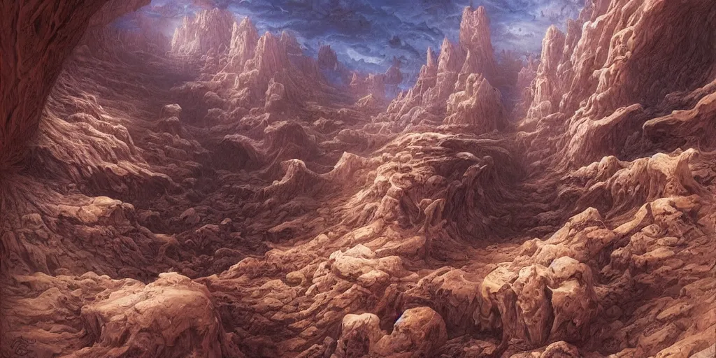 Prompt: a deep canyon in the middle of the desert by dan seagrave art and Moebius