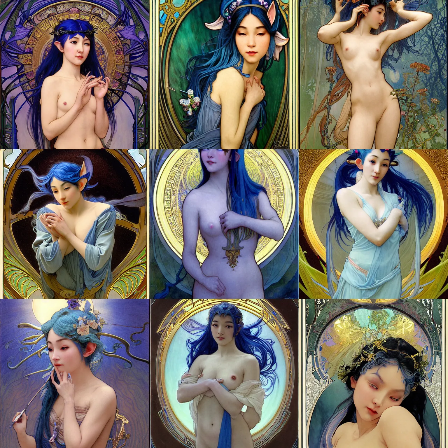 Prompt: stunning, breathtaking, awe-inspiring award-winning concept art nouveau painting of attractive Asian elf nymph with blue hair and elven ears, as the goddess of the sun, with anxious, piercing eyes, by Alphonse Mucha, Michael Whelan, William Adolphe Bouguereau, John Williams Waterhouse, and Donato Giancola, cyberpunk, extremely moody lighting, glowing light and shadow, atmospheric, cinematic, 8K