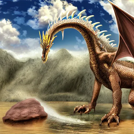 Prompt: a huge dragon stands in a desert drinking river water digital art