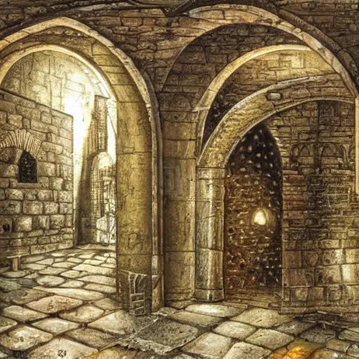 Image similar to A large dark Medieval dungeon, torture machines, stone walls and arches, wet floor, High definition, detailed,