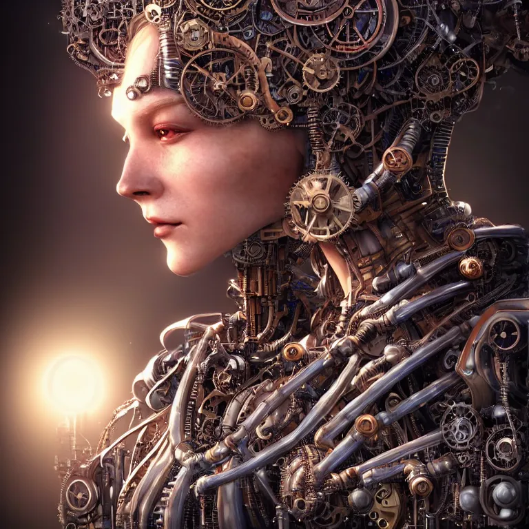 Prompt: hyperrealistic mixed media portrait of a beautiful mechanical steampunk woman, stunning 3d render inspired art by P. Craig Russell and Barry Windsor-Smith + perfect facial symmetry + dim volumetric lighting, 8k octane beautifully detailed render, post-processing, extremely hyperdetailed, intricate futuristic mechanic parts, epic composition, grim yet sparkling atmosphere, cinematic lighting + masterpiece, trending on artstation