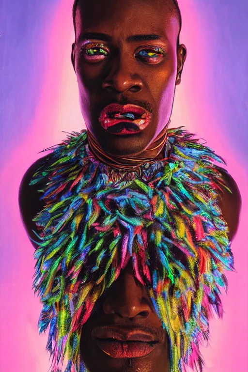 Prompt: detailed portrait of an African male with face augmentations, strong neon lighting, Afrofuturism, extravagant feathered collar, by glenn fabry, hyper realistic, HD, oil on canvas