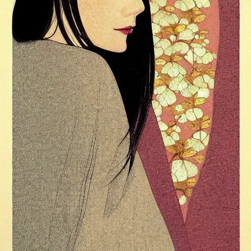 Image similar to “ olivia wilde portrait by ikenaga yasunari and ayana otake and ko rakusui, 6 0 s poster, drawing, realistic, sharp focus, japanese, dreamy, nostalgia, faded, golden hues, floral clothes ”