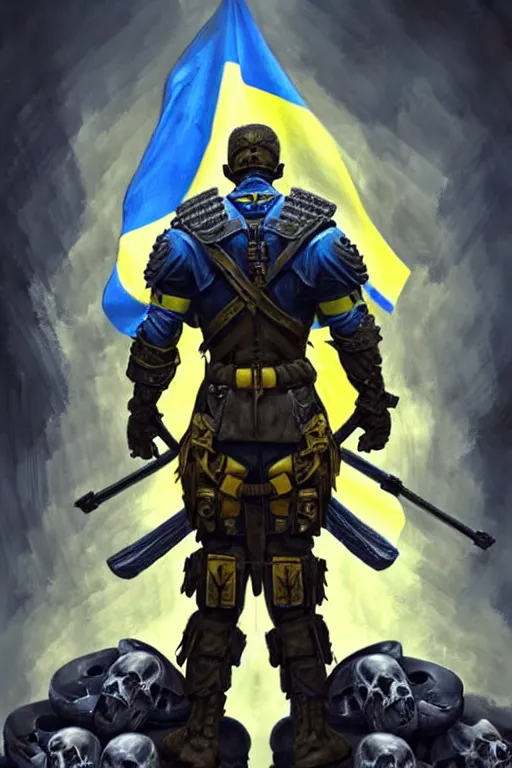 Image similar to a distant shot from behind of a Ukrainian super soldier with blue and yellow flag behind him standing alone on a huge pile of skulls as a winner, masculine muscular figure, D&D, fantasy, intricate, elegant, highly detailed, extremely detailed, digital painting, artstation, concept art, matte, sharp focus, symmetrical, illustration, art by Artgerm and Greg Rutkowski and Alphonse Mucha